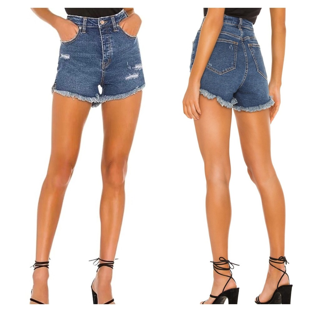 Free People Curvy Shorts Womens 28 Blue Denim Vintage Distressed Button Fly